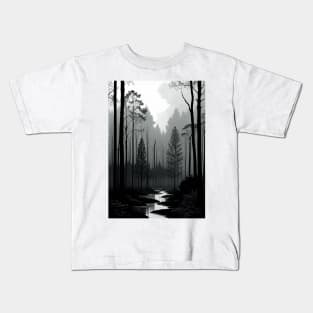 Grayscale Forest with a Peaceful River Running Through It Kids T-Shirt